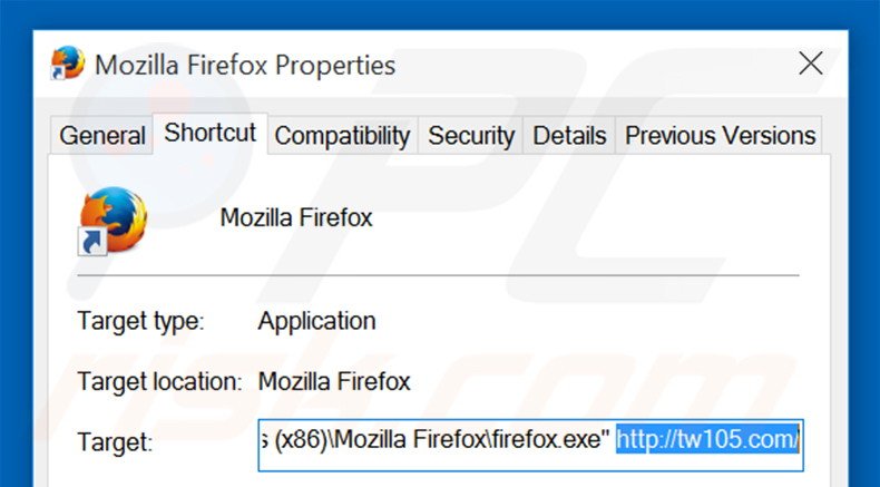 Removing tw105.com from Mozilla Firefox shortcut target step 2