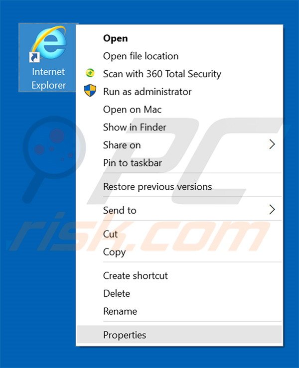 Removing tw105.com from Internet Explorer shortcut target step 1