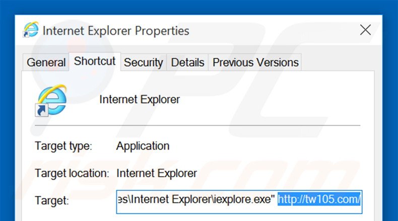 Removing tw105.com from Internet Explorer shortcut target step 2