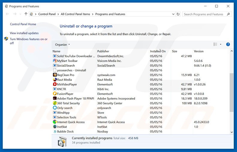 tw105.com browser hijacker uninstall via Control Panel