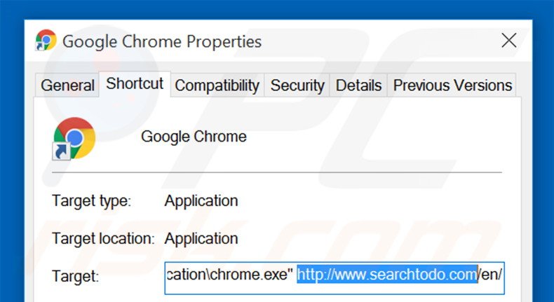 Removing searchtodo.com from Google Chrome shortcut target step 2