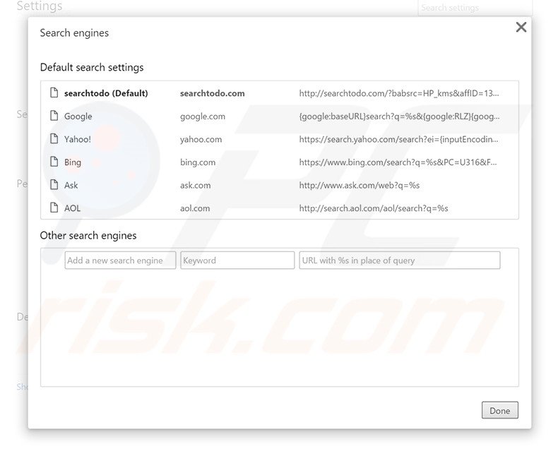 Removing searchtodo.com from Google Chrome default search engine