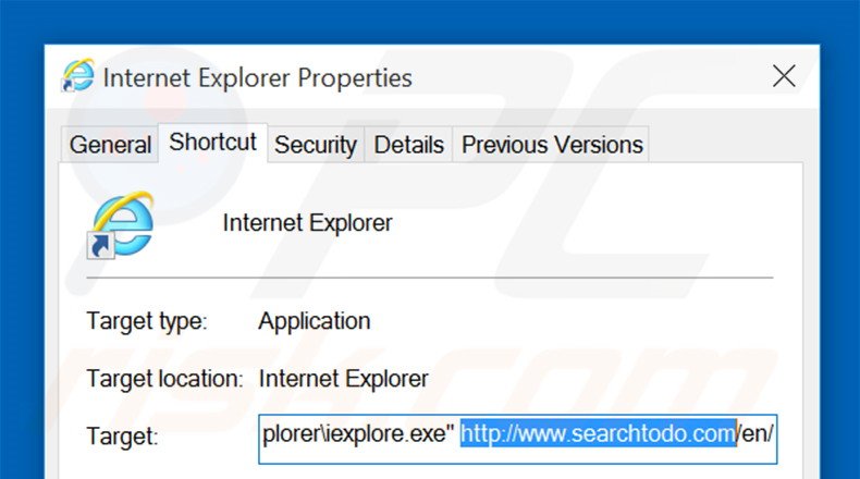 Removing searchtodo.com from Internet Explorer shortcut target step 2