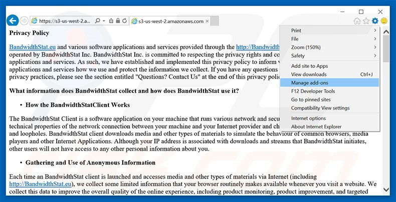 Removing BandwidthStat ads from Internet Explorer step 1