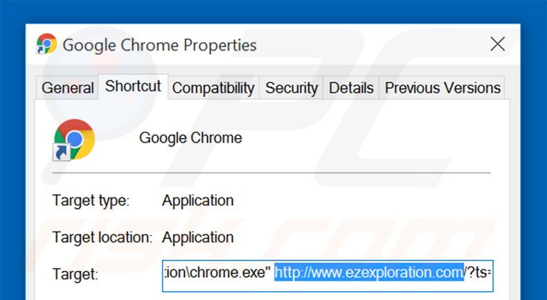 Removing ezexploration.com from Google Chrome shortcut target step 2