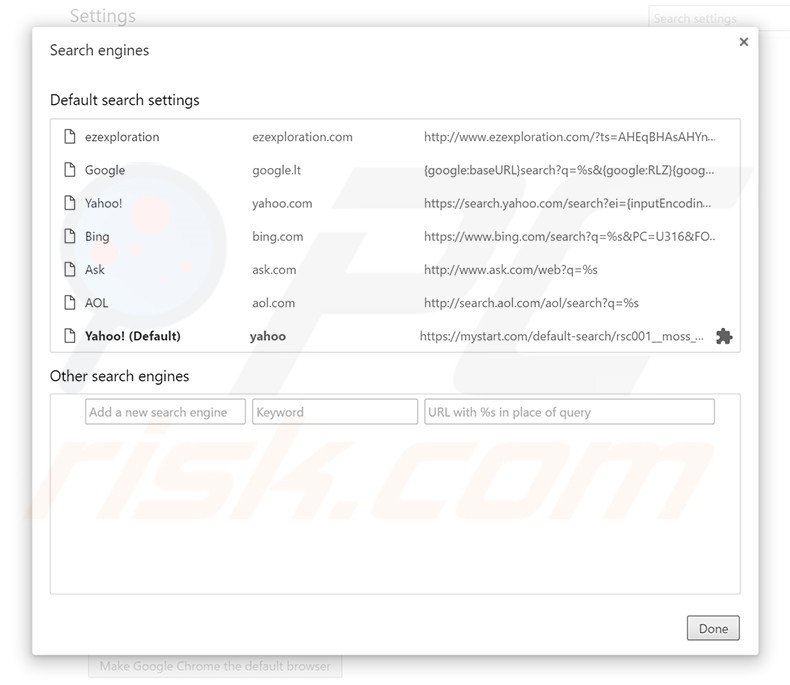 Removing ezexploration.com from Google Chrome default search engine