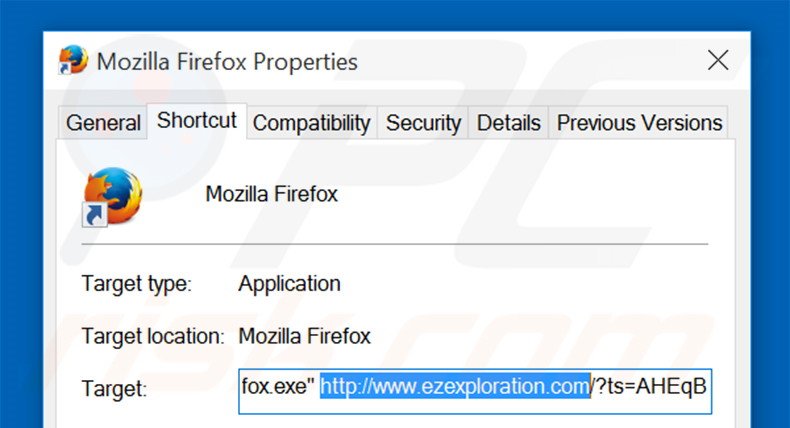 Removing ezexploration.com from Mozilla Firefox shortcut target step 2