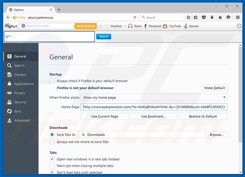 Removing ezexploration.com from Mozilla Firefox homepage