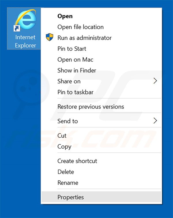 Removing ezexploration.com from Internet Explorer shortcut target step 1