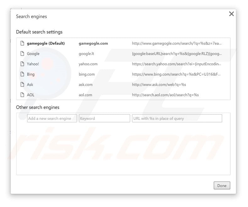 Removing gamegogle.com from Google Chrome default search engine