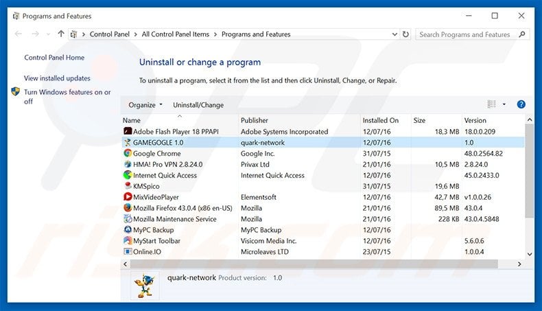 gamegogle.com browser hijacker uninstall via Control Panel