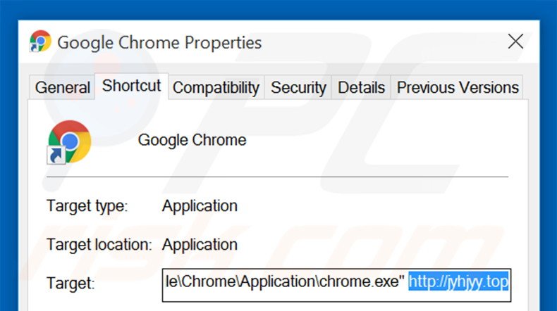 Removing jyhjyy.top from Google Chrome shortcut target step 2