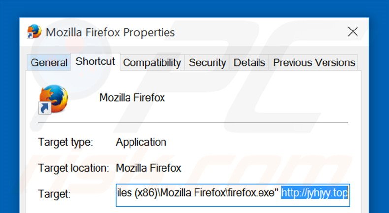 Removing jyhjyy.top from Mozilla Firefox shortcut target step 2