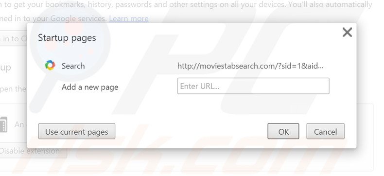 Removing moviestabsearch.com from Google Chrome homepage