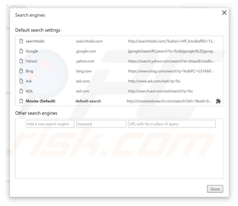Removing moviestabsearch.com from Google Chrome default search engine