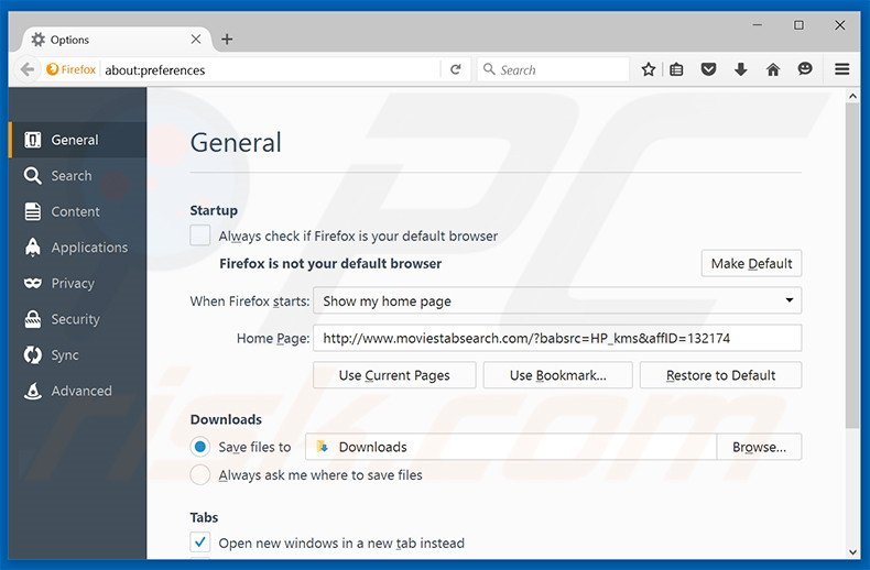 Removing moviestabsearch.com from Mozilla Firefox homepage