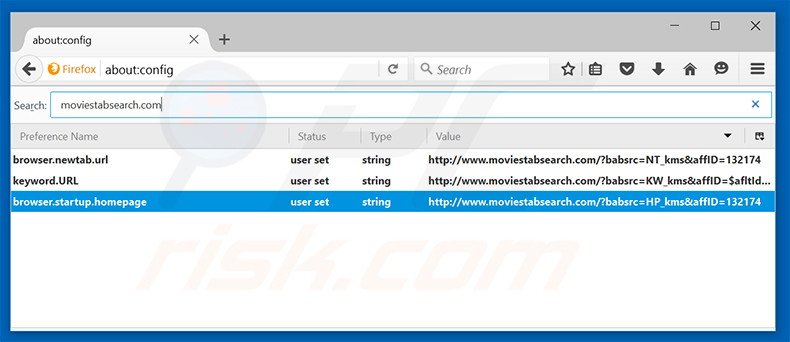 Removing moviestabsearch.com from Mozilla Firefox default search engine