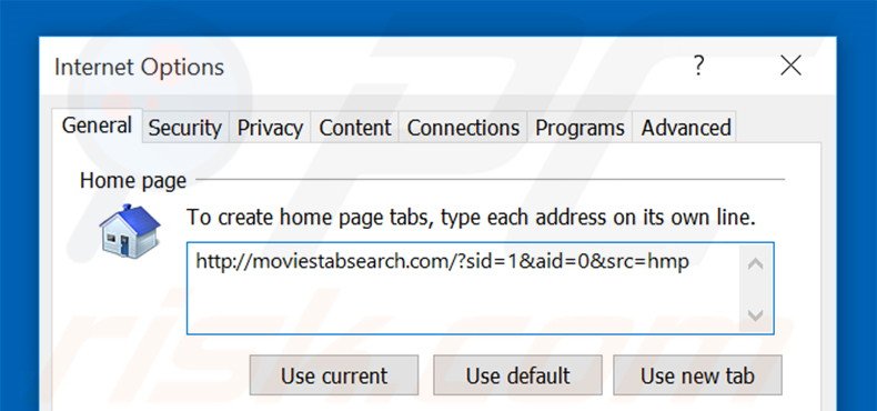 Removing moviestabsearch.com from Internet Explorer homepage