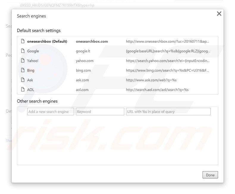 Removing onesearchbox.com from Google Chrome default search engine