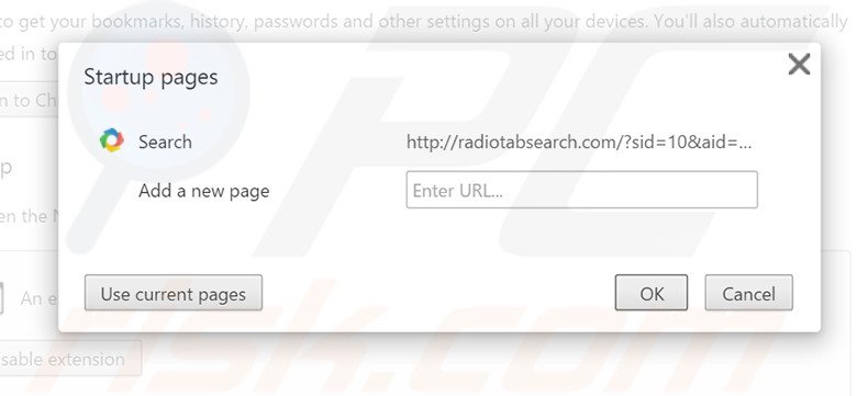 Removing radiotabsearch.com from Google Chrome homepage