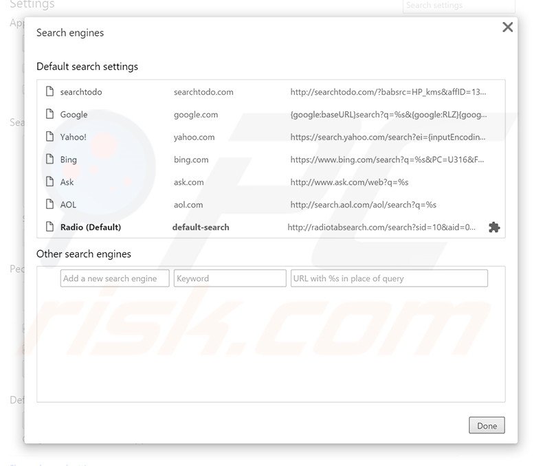 Removing radiotabsearch.com from Google Chrome default search engine