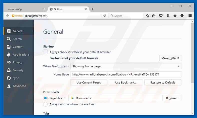 Removing radiotabsearch.com from Mozilla Firefox homepage