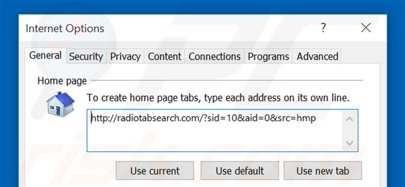 Removing radiotabsearch.com from Internet Explorer homepage