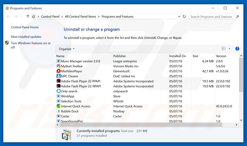 radiotabsearch.com browser hijacker uninstall via Control Panel