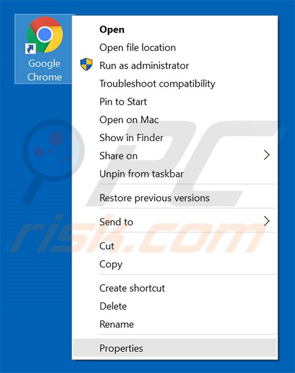 Removing sear4m.xyz from Google Chrome shortcut target step 1