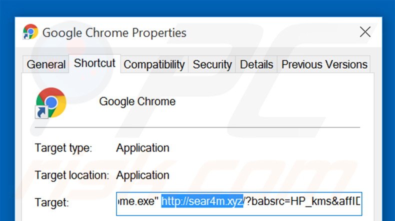 Removing sear4m.xyz from Google Chrome shortcut target step 2