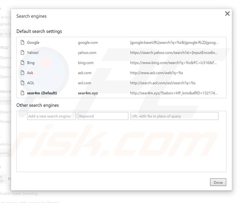 Removing sear4m.xyz from Google Chrome default search engine