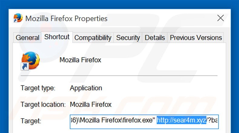 Removing sear4m.xyz from Mozilla Firefox shortcut target step 2