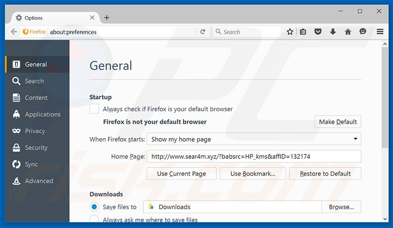 Removing sear4m.xyz from Mozilla Firefox homepage