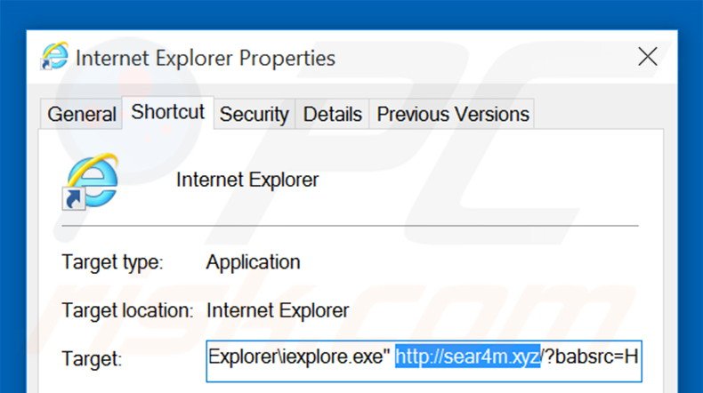 Removing sear4m.xyz from Internet Explorer shortcut target step 2