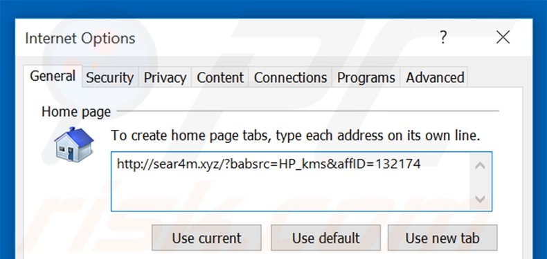 Removing sear4m.xyz from Internet Explorer homepage