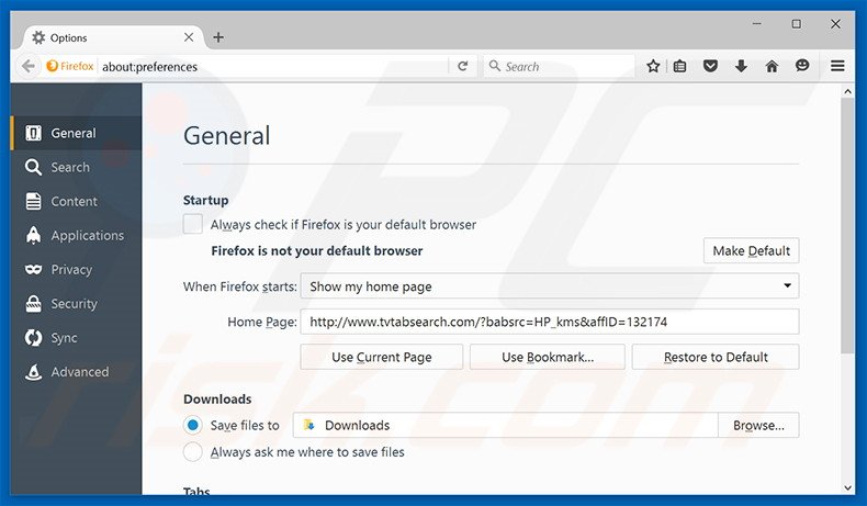 Removing tvtabsearch.com from Mozilla Firefox homepage