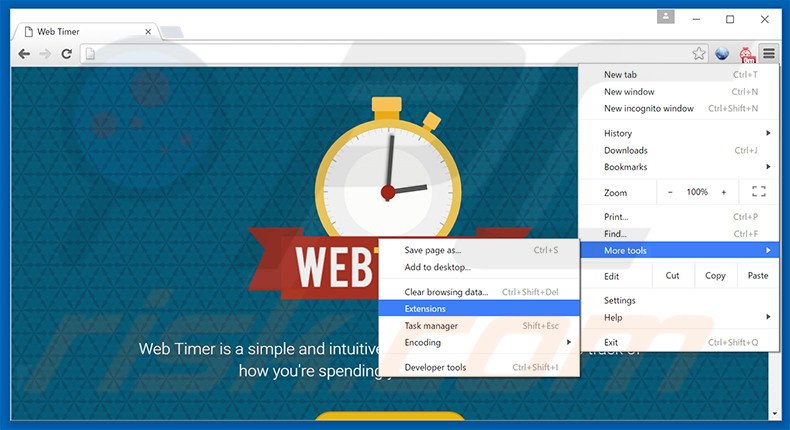 Removing Web Timer  ads from Google Chrome step 1