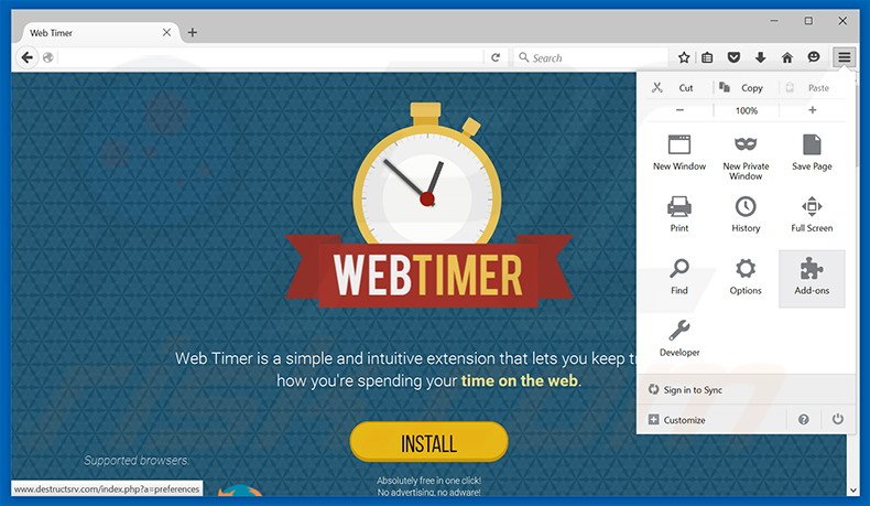 Removing Web Timer ads from Mozilla Firefox step 1