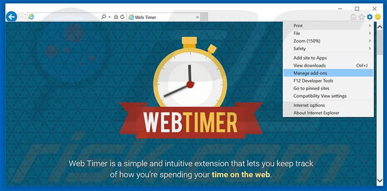 Removing Web Timer ads from Internet Explorer step 1