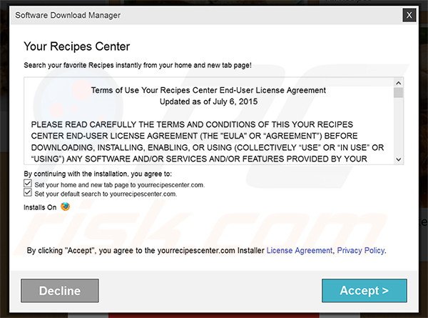 Official Your Recipes Center browser hijacker installation setup