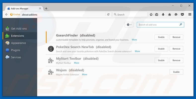 Removing swift2search.com related Mozilla Firefox extensions