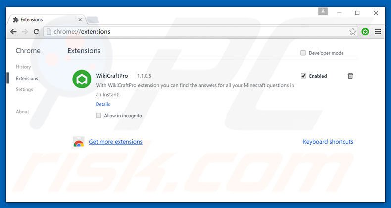 Removing search.wikicraftpro.com related Google Chrome extensions