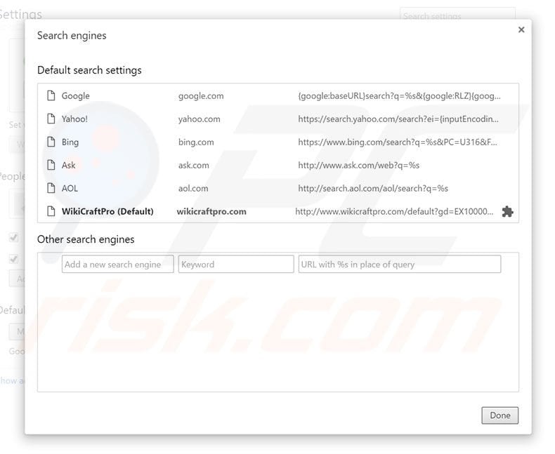Removing search.wikicraftpro.com from Google Chrome default search engine