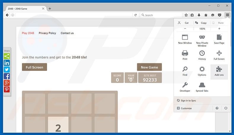 Removing 2048 ads from Mozilla Firefox step 1