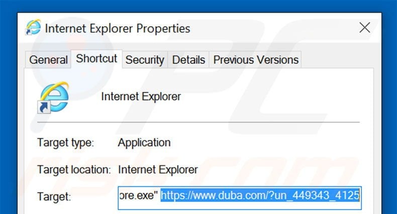 Removing duba.com/?un_449343_4125 from Internet Explorer shortcut target step 2