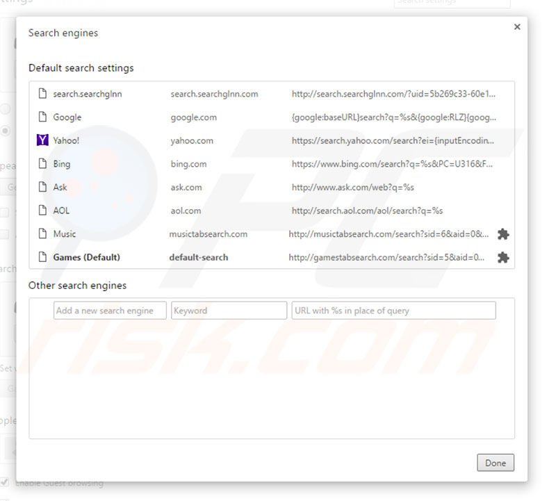 Removing gamestabsearch.com from Google Chrome default search engine
