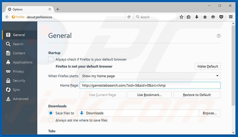 Removing gamestabsearch.com from Mozilla Firefox homepage