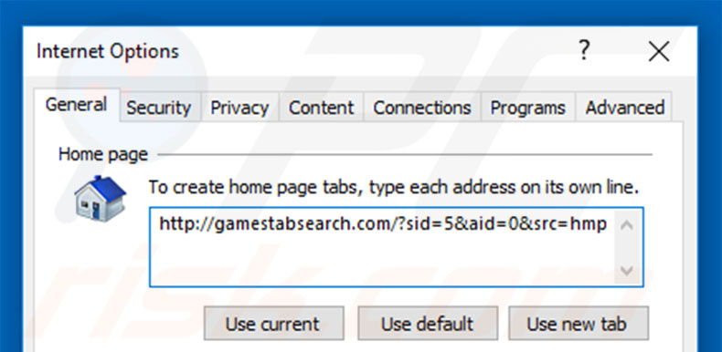 Removing gamestabsearch.com from Internet Explorer homepage