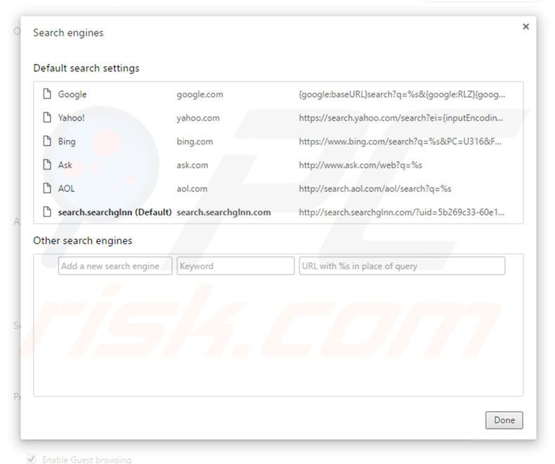 Removing search.searchglnn.com from Google Chrome default search engine