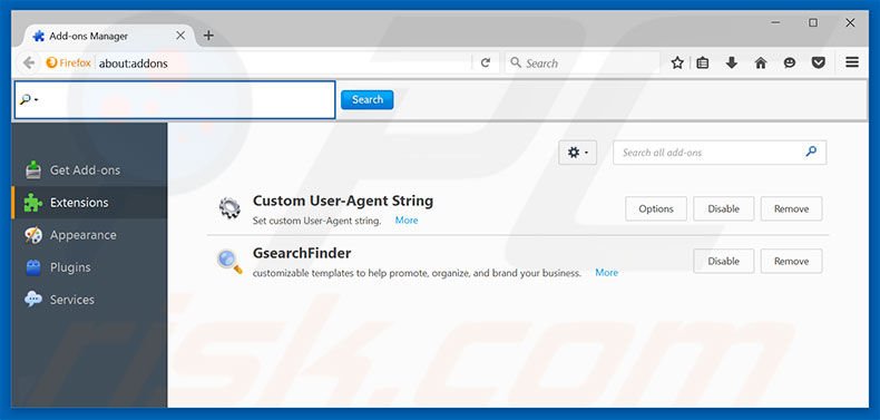 Removing search.searchglnn.com related Mozilla Firefox extensions